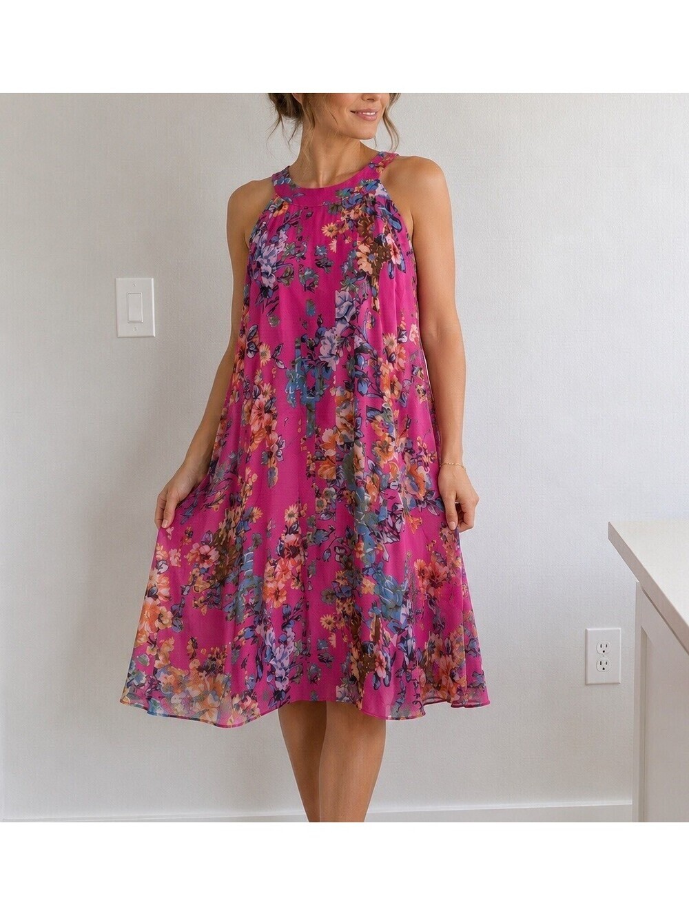 Betsey Johnson Pink Floral Midi Dress Women’s Size 6 Sleeveless Cottagecore